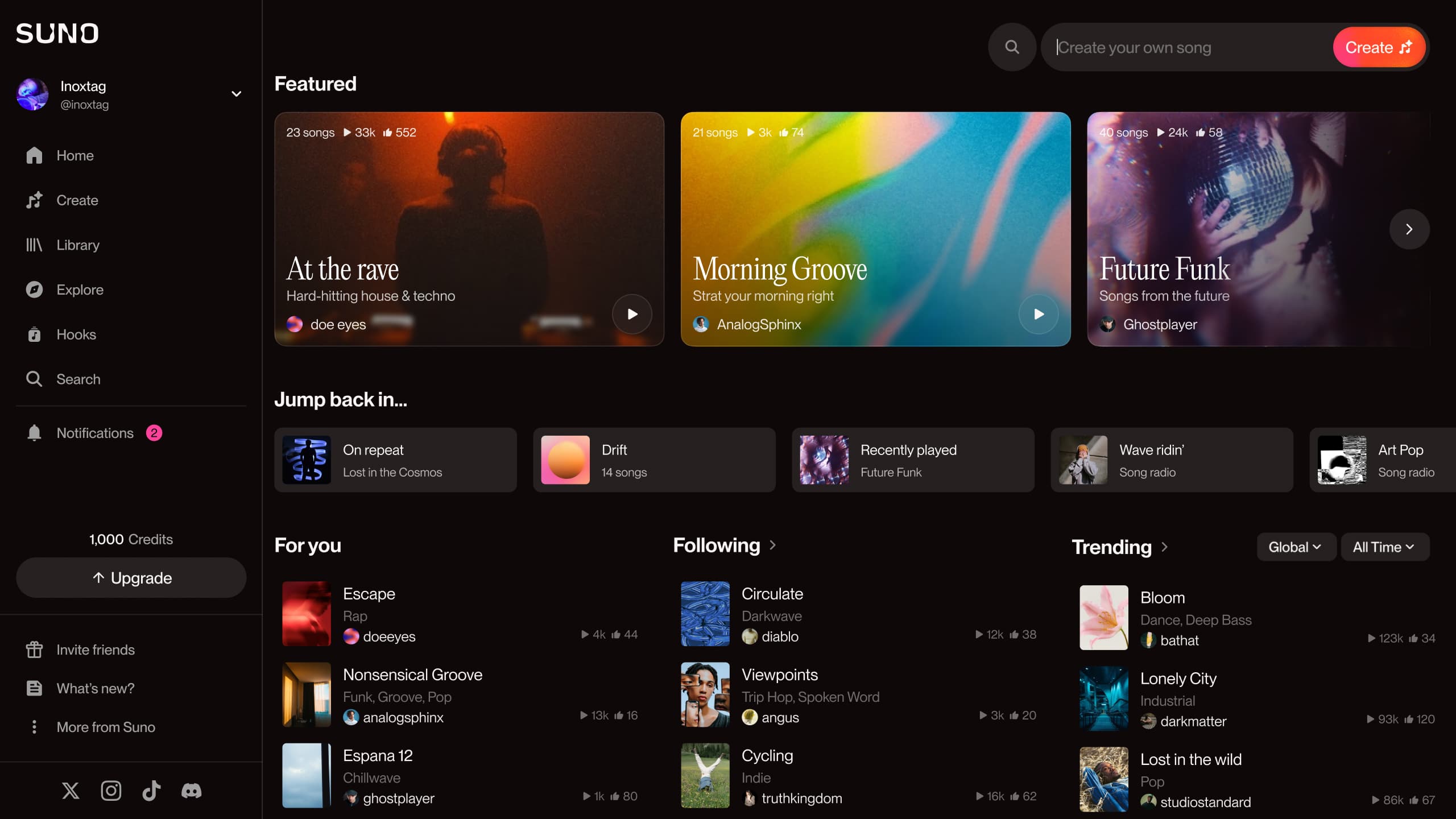 Screenshot of https://suno.com/home
